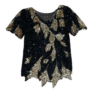 Lillie Rubin Vintage Black Gold Sequin Beaded Silk Blouse M